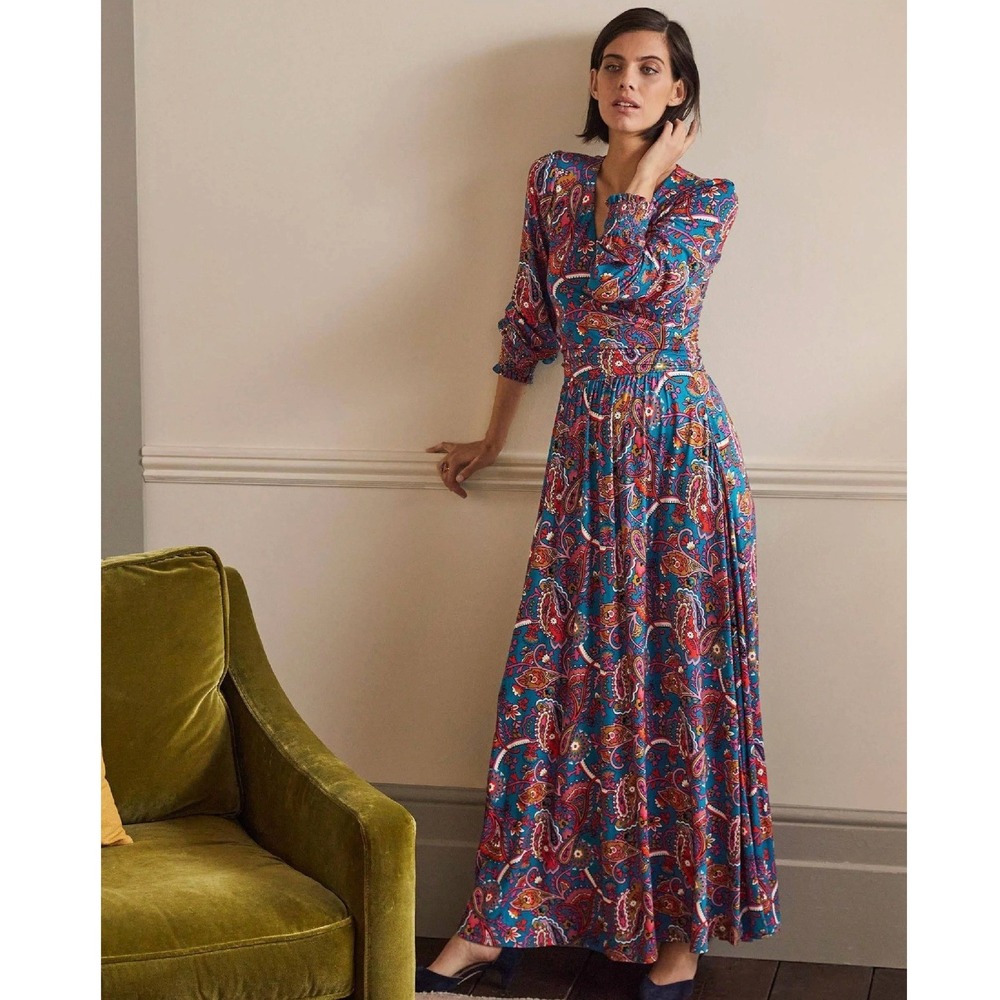 Boden Jersey Maxi Dress 2 Paisley Faux Wrap Long sleeve pockets coloful boho